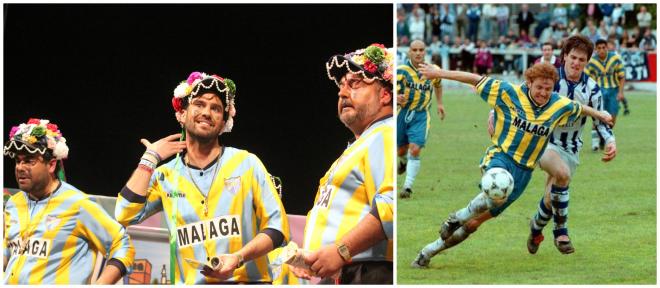 'Los Malagüitas' y Mikel Roteta, con la camiseta del ascenso a Segunda (Foto izquierda: @CarnavalM
