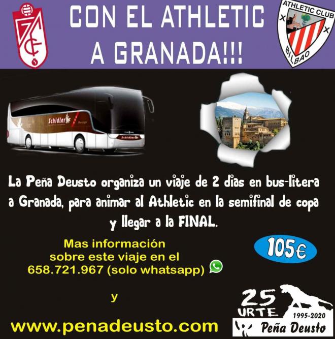 La Peña Deusto organiza un viaje en bus-litera para apoyar al Athletic Club en Granada.