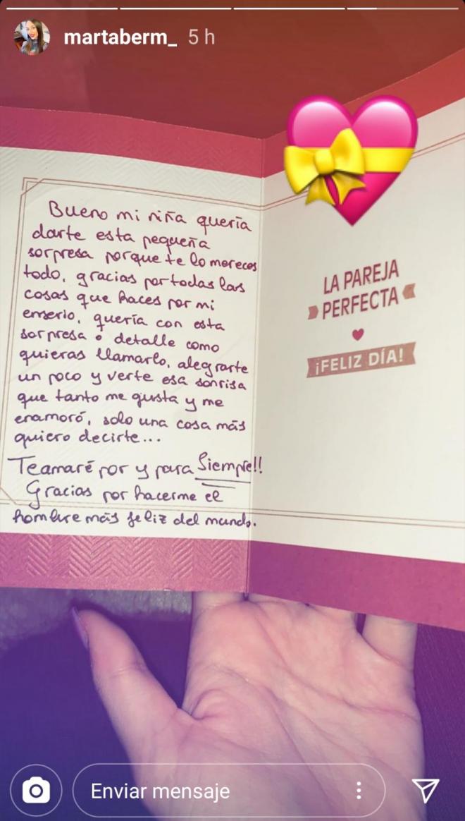Captura del mensaje de Montero a su pareja, Marta Bermúdez, en Instagram.