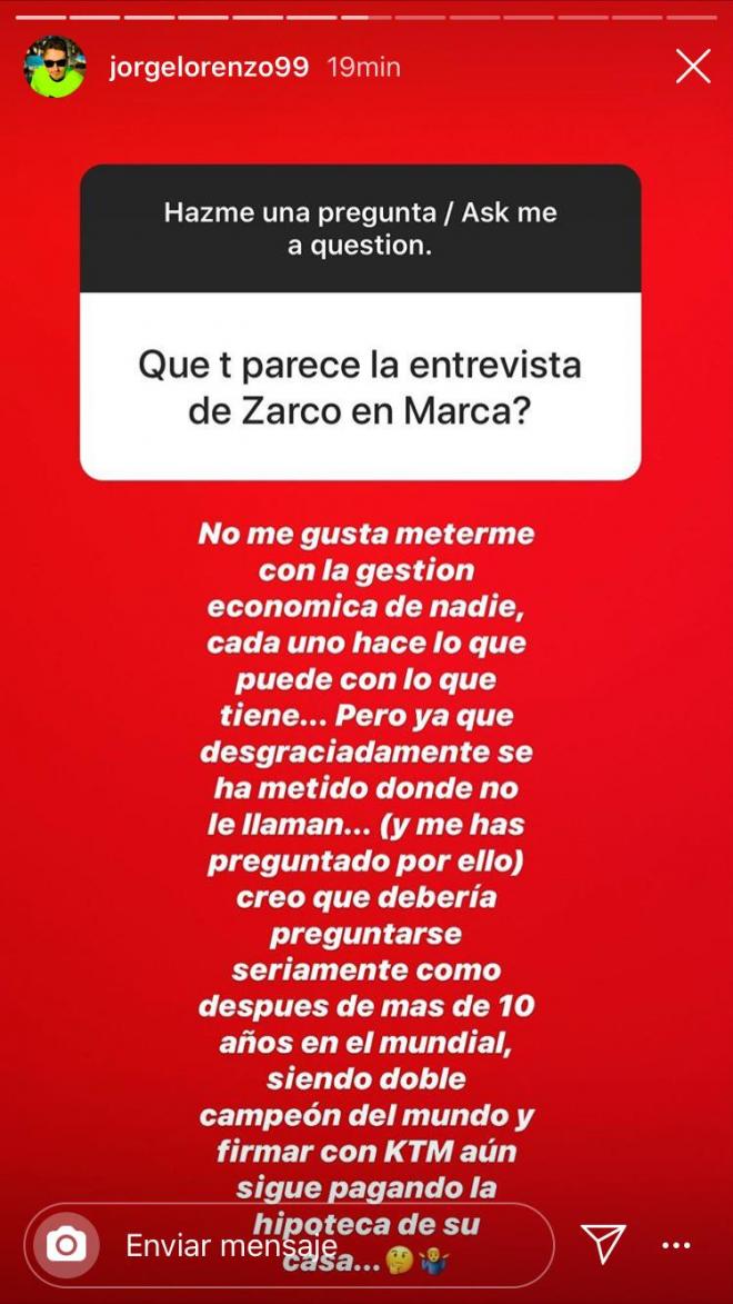La respuesta en Instagram de Jorge Lorenzo a Johann Zarco.