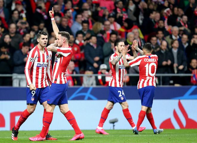 Saúl celebra el gol para el Atlético de Madrid ante el Liverpool.