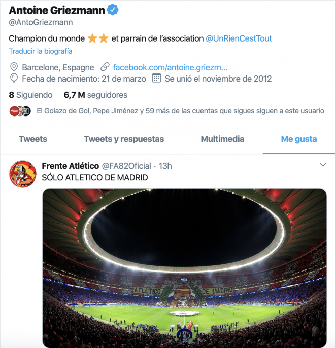 Antoine Griezmann le dio 'me gusta' a un tuit del Frente Atlético con una foto del Wanda Metropolitano.