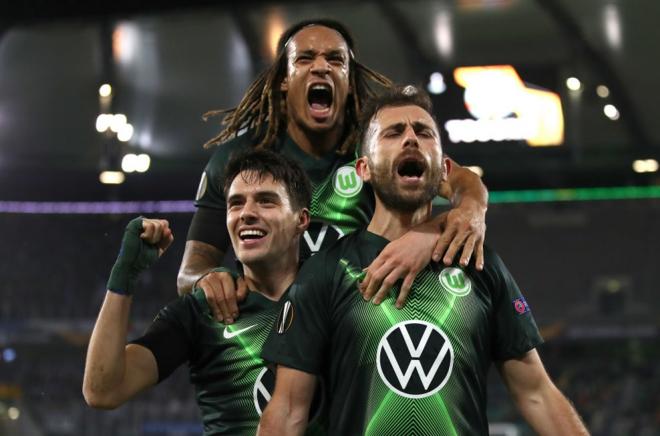 Los jugadores del Wolfsburgo celebran un gol al Malmo (Foto: Europa League).