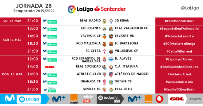 Los horarios de la jornada 28 de LaLiga Santander.