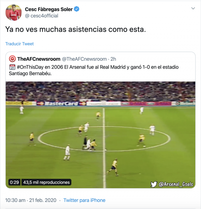 El tuit de Cesc Fábregras sobre su asistencia a Henry en un Real Madrid-Arsenal.