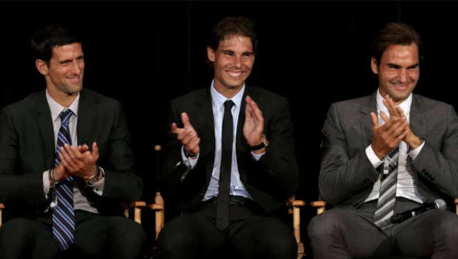 Novak Djokovic, Rafa Nadal y Roger Federer, en un evento.