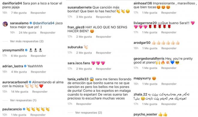 Algunos de los mensajes que recibió en Instagram Sara Sálamo al tocar el piano que le regaló Isco.