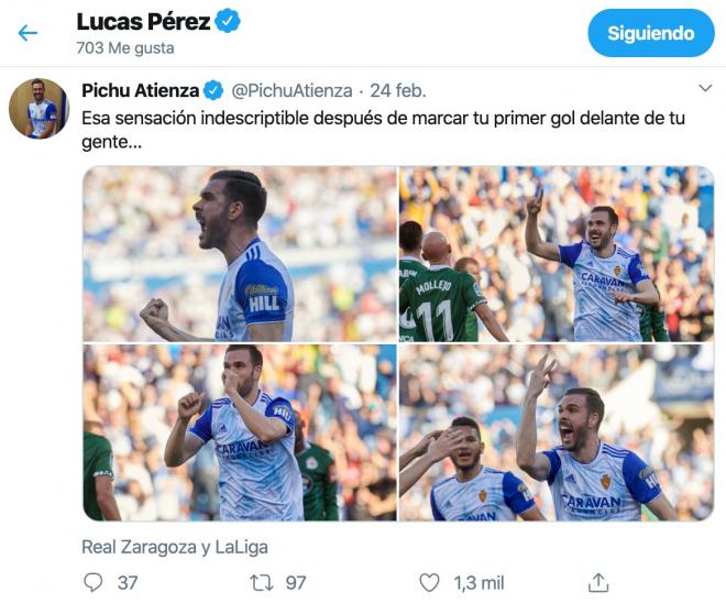 Captura del 'me gusta' de Lucas Pérez al tuit de 'Pichu' Atienza (Foto: Twitter).