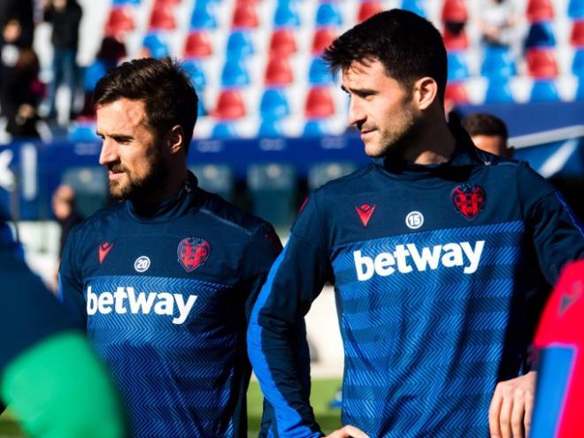 Miramón y Postigo durante el entrenamiento. (Foto: Levante UD)