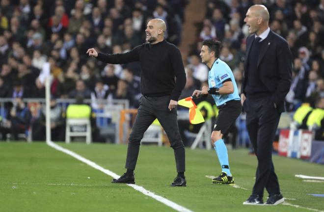 Zinedine Zidane y Pep Guardiola, durante el Real Madrid-Manchester City.