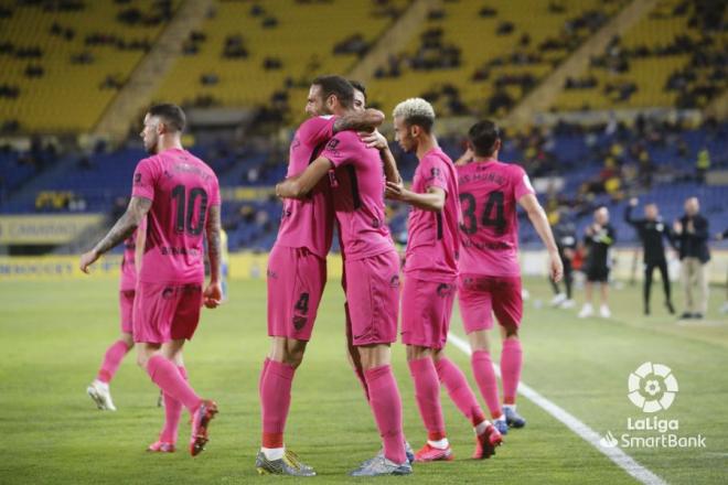 Imagen de la celebración del gol de Lombán en Las Palmas (Foto: LaLiga).