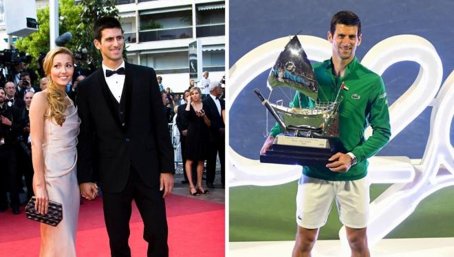 Novak Djokovic y Jelena, junto a una foto del serbio levantando el trofeo en Dubái.