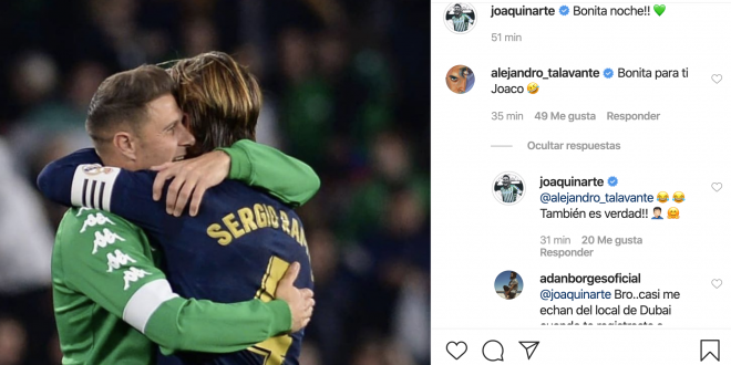 Los mensajes en Instagram entre Joaquín y Alejandro Talavante tras el triunfo del Betis ante el Madrid.