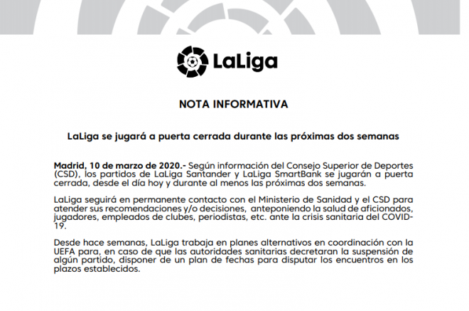 Nota informativa de LaLiga sobre el coronavirus (Foto: LaLiga).