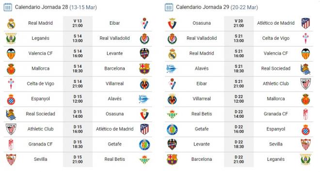 El calendario de las jornadas 28 y 29 en LaLiga Santander.