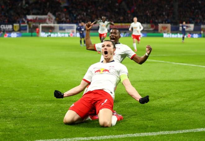 Sabitzer celebra uno de los goles del Leipzig ante el Tottenham (Foto: UEFA).