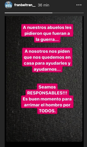 Mensaje de Fran Beltrán en Instagram.
