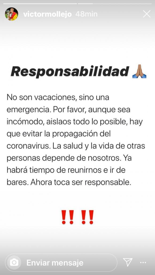 Mensaje de Víctor Mollejo para concienciar a los aficionados sobre el coronavirus (Foto: Instagram).
