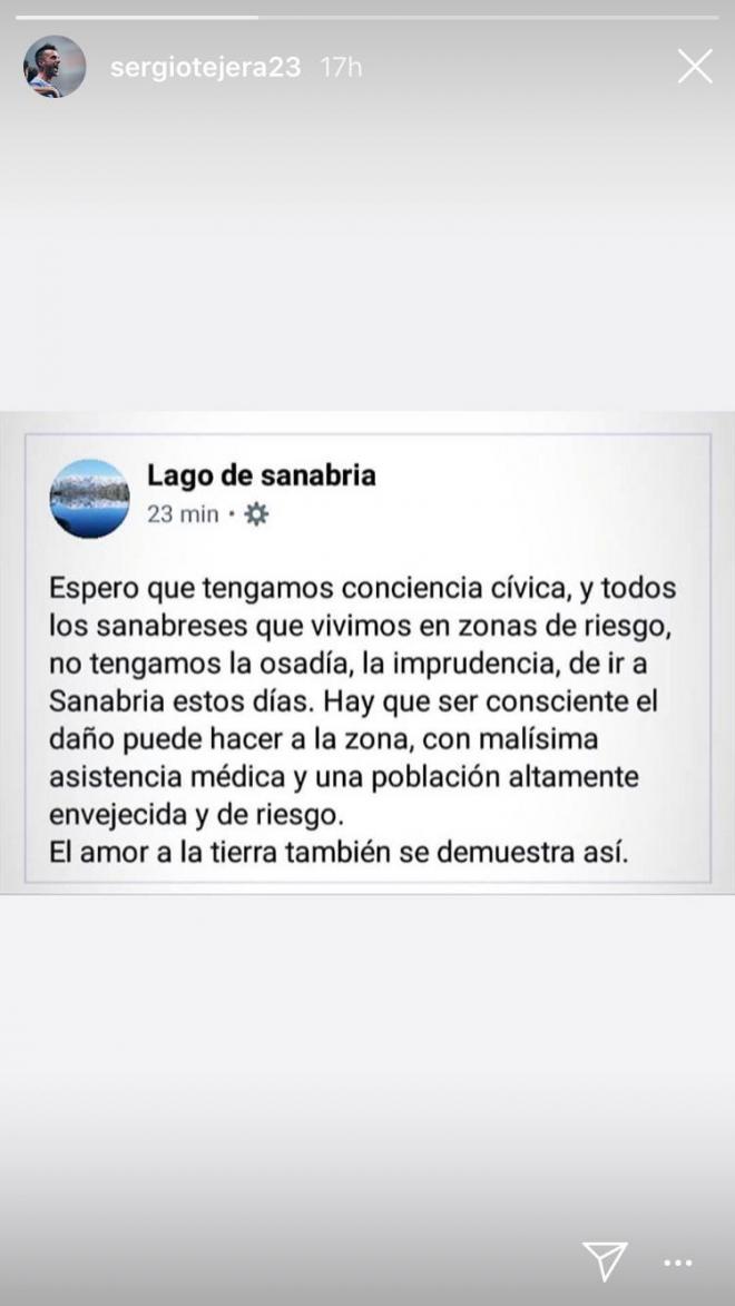 Mensaje de Sergio Tejera en Instagram (Foto: @sergiotejera23).