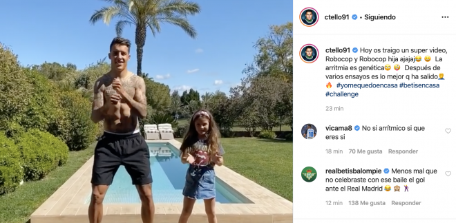 El mensaje del Betis y de Camarasa a Cristian Tello tras el baile con su hija Carlota en Instagram.