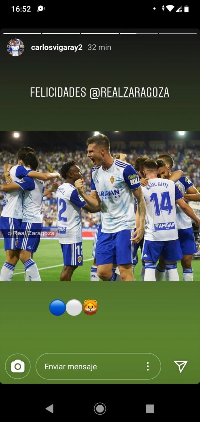 Carlos Vigaray felicita el aniversario al Real Zaragoza.