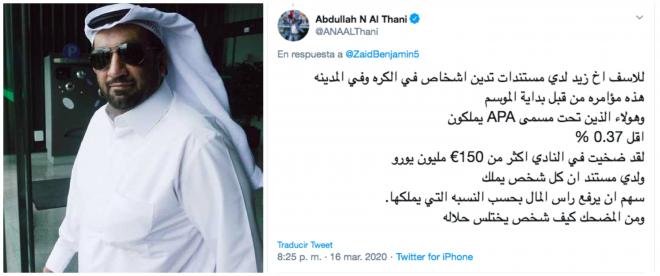 El tuit, en árabe, de Al-Thani sobre la sentencia