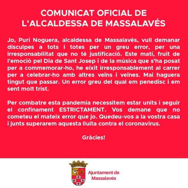Comunicado de disculpa del Ayuntamiento de Massalavés tras publicarse el vídeo de la alcaldesa de fiesta.