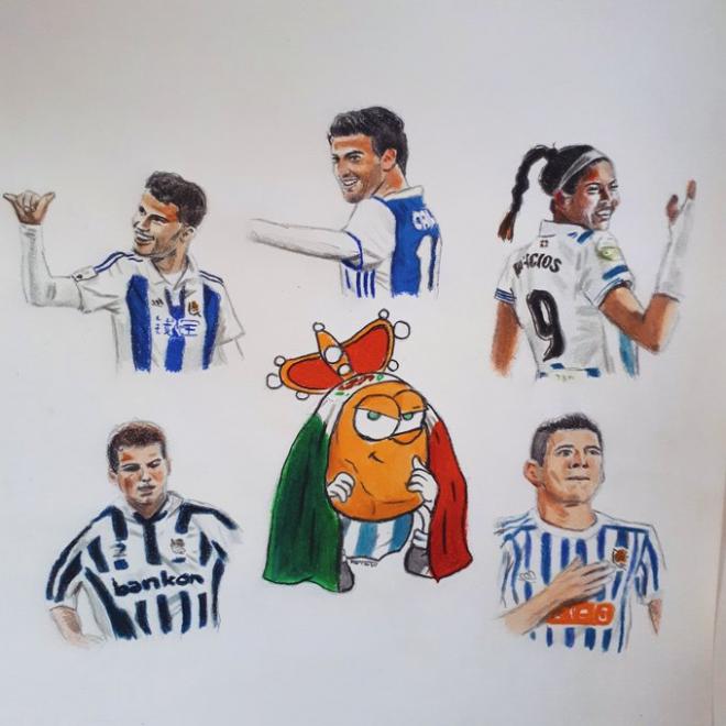 Dibujo de Fernando Falah recreando a los mexicanos de la Real Sociedad.