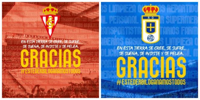 Collage del Real Oviedo y del Sporting y su bonita iniciativa por el derbi asturiano.