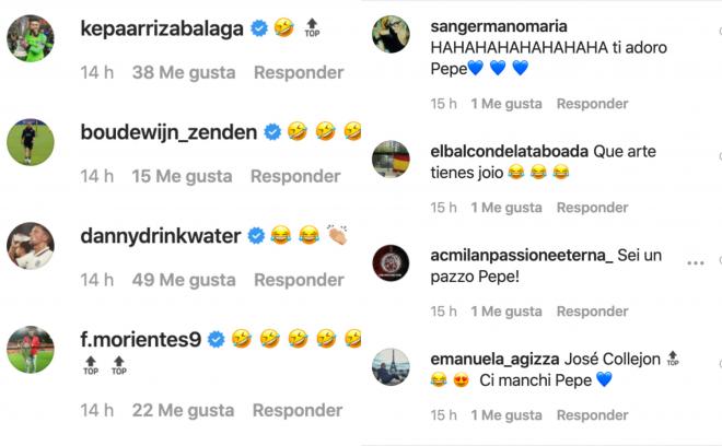 Comentarios a Pepe Reina en Instagram por su divertido once histórico.