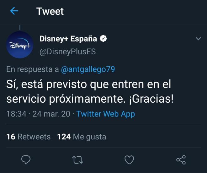 Tweet borrado de la cuenta de Disney+ (Foto: @TheMariest en Twitter).