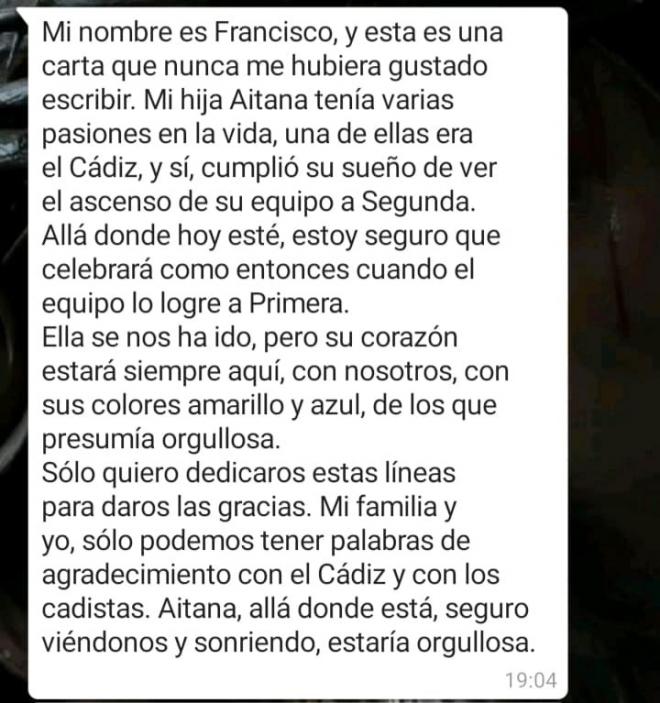 La carta completa de Francisco, el padre de Aitana (Foto: ElDesmarque).