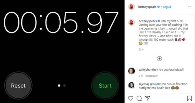 La marca de Britney Spears en los 100 metros lisos que subió a su cuenta de Instagram.