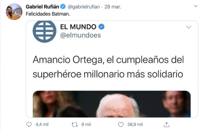 La repercusión del tuit de Gabriel Rufián sobre Amancio Ortega.