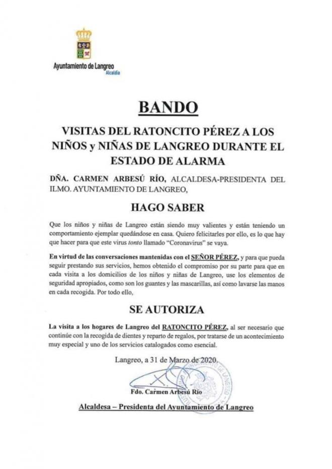 Bando municipal del Ayuntamiento de Langreo para autorizar las actividades del Ratoncito Pérez.