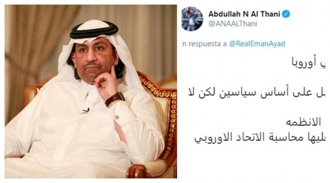 El mensaje de Al-Thani en Twitter atacando a la Unión Europea (@ANAALThani).