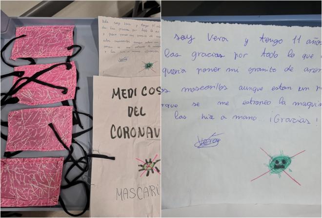 Las mascarillas hechas por Vero y su carta a los sanitarios del HUCA (Foto: @PabloHerrero71).