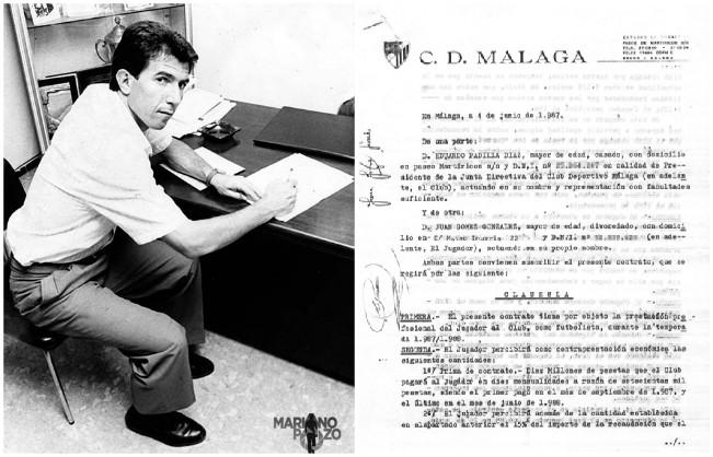 Juanito, firmando su contrato y el primer folio del mismo (Foto izquierda cedida por Mariano Pozo).
