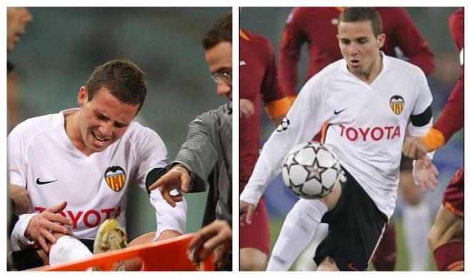 Dos fotos de Aaron Ñíguez en el día de su debut con el Valencia.