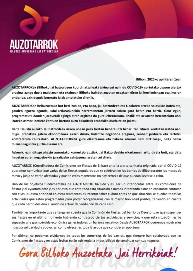 El comunicado de Auzotarrok, la Coordinadora de Comisiones de Fiestas de los barios de Bilbao.