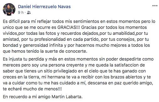 Mensaje de Dani Hierrezuelo en Facebook tras la muerte de Martín Labarta.