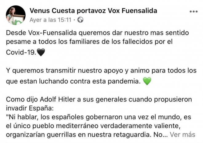 Venus Cuesta, portavoz de Vox, recurre a cita de Hitler para animar a los españoles contra el coronavirus.