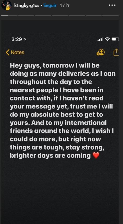 Mensaje de Kyrgios en su perfil en Instagram.