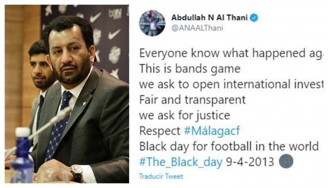 Mensaje de Al-Thani pidiendo una investigación por lo sucedido en Dortmund.