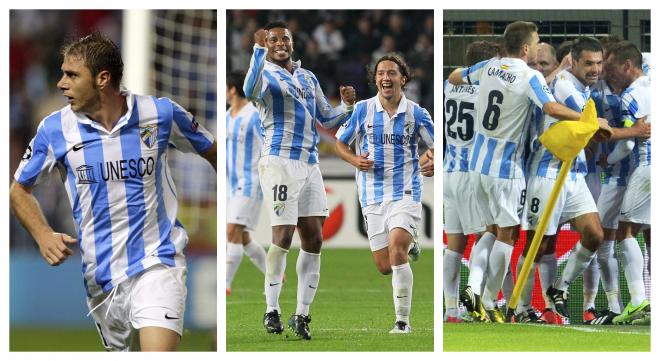 Tres celebraciones de tres goles del Málaga de Champions (Fotos: EFE).