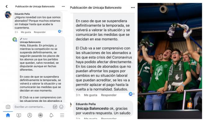 Capturas del Unicaja explicando la decisión con respecto al pago de los abonos.