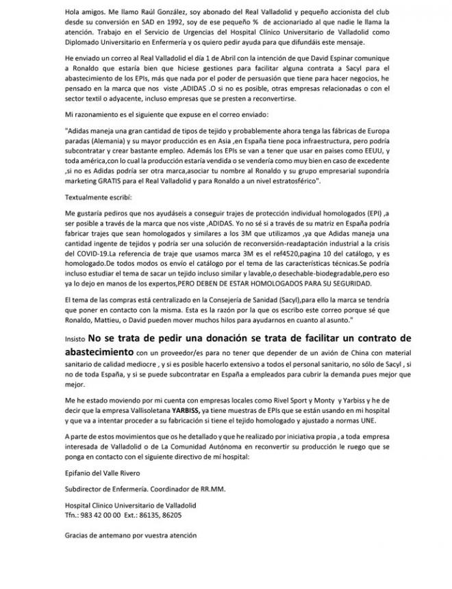 Carta del abonado y accionista del Real Valladolid para pedir ayuda al club.