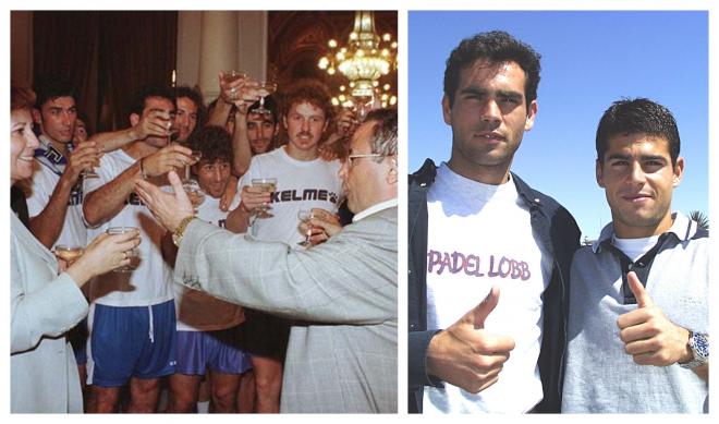 Javier Artero, celebrando el ascenso del 98 y junto a Valcarce (Fotografías cedidas por Mariano Pozo).