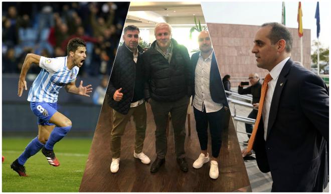 Adrián al marcar, Luis Fernández y sus agentes en la reunión en Madrid, y Shaheen.