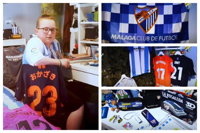 Dylan Murray y algunos de los objetos del Málaga que tiene en su habitación.